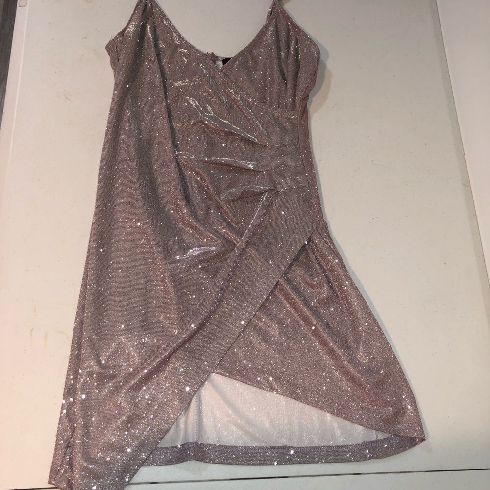 AKIRA Gold Asymmetrical Slip Mini Dress